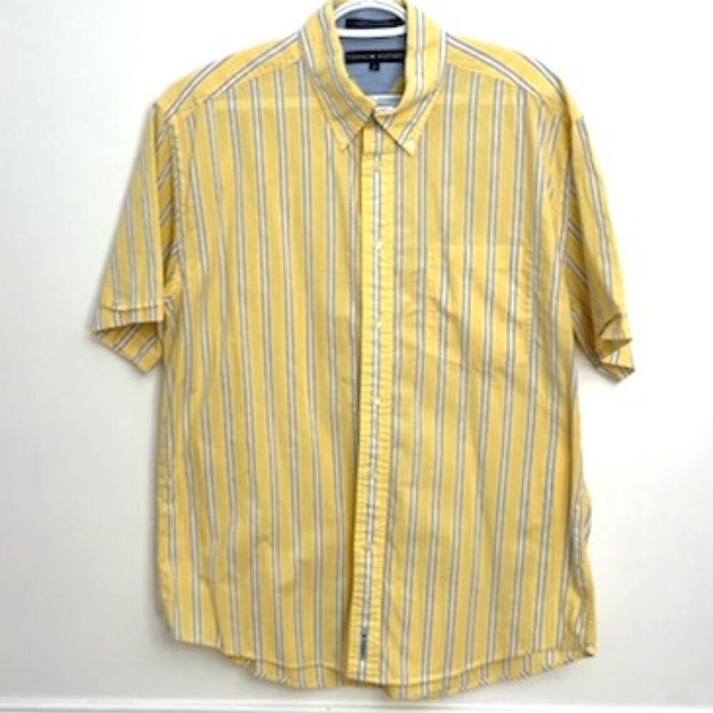 Tommy‎ Hilfiger S/S Button Down Oxford Shirt Men's L Yellow Blue Stripe Cotton